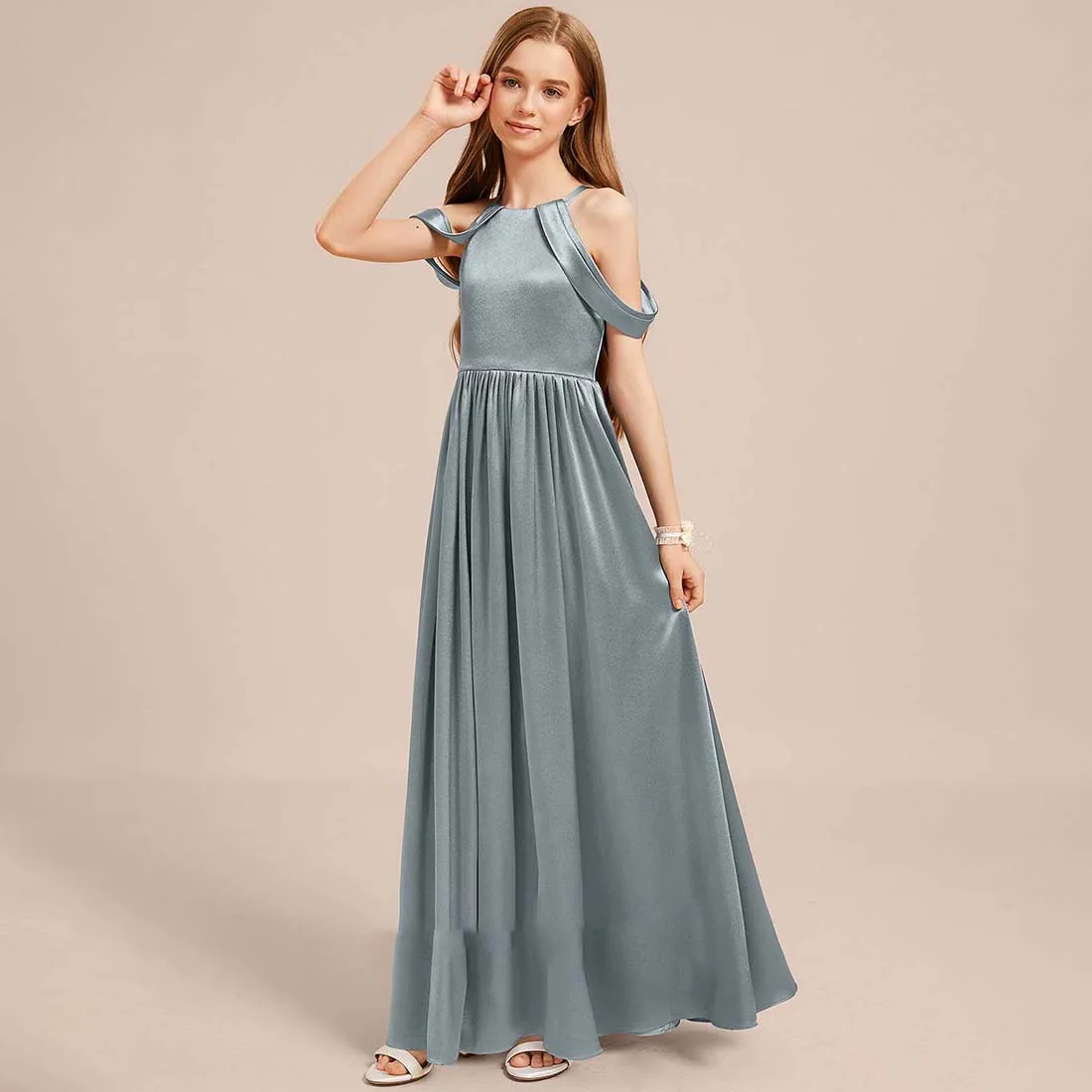 

GIOIO A-line Cold Shoulder Halter Floor-Length Stretch Satin Junior Bridesmaid Dress