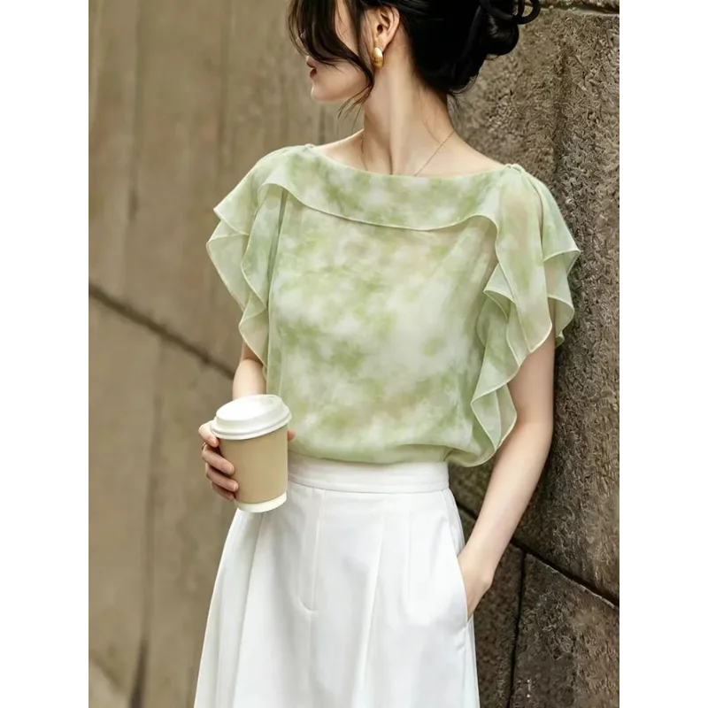 Women Fresh Tie Dye Chiffon Blouse Off Shoulder Ruffle Sleeveless Elegant Casual Top