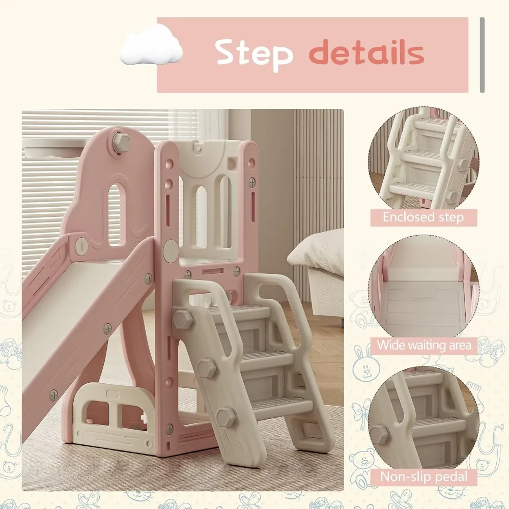 Children's Play Slide with Storage and Anti-Slip Steps, Outdoor and Indoor Climbing and Basketball Playset with Extendable Featu