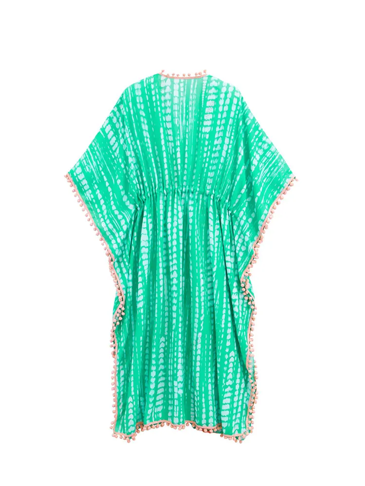 2023 Causal Light Green Tie dye Tunic Loose Bikini Cover-ups Summer Beachwear Half Sleeve Swim Suit Cover Up A2429