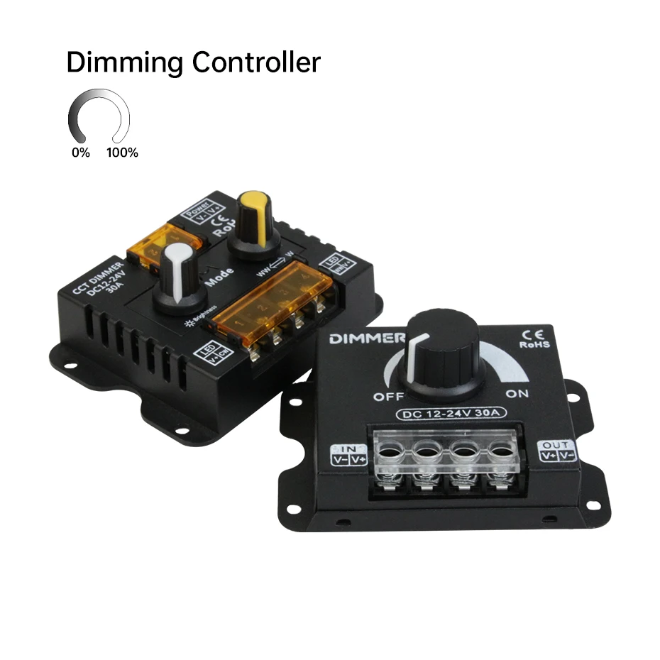 

Single Color / CCT LED Strip Light Dimmer Switch DC12-24V 30A Dimming Controller Brightness Adjustable Switch Voltage Regulator