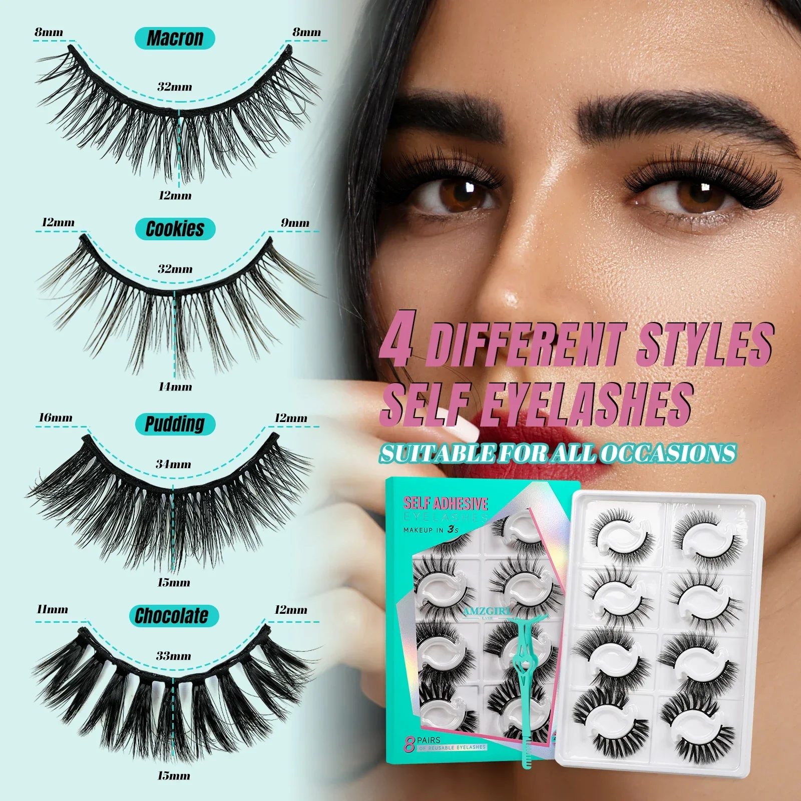 AMZGIRL LASH Self Adhesive Eyelashes 8 Pairs No Glue Needed DIY Lash Extension Kit Waterproof Wispy Lashes with Tweezer