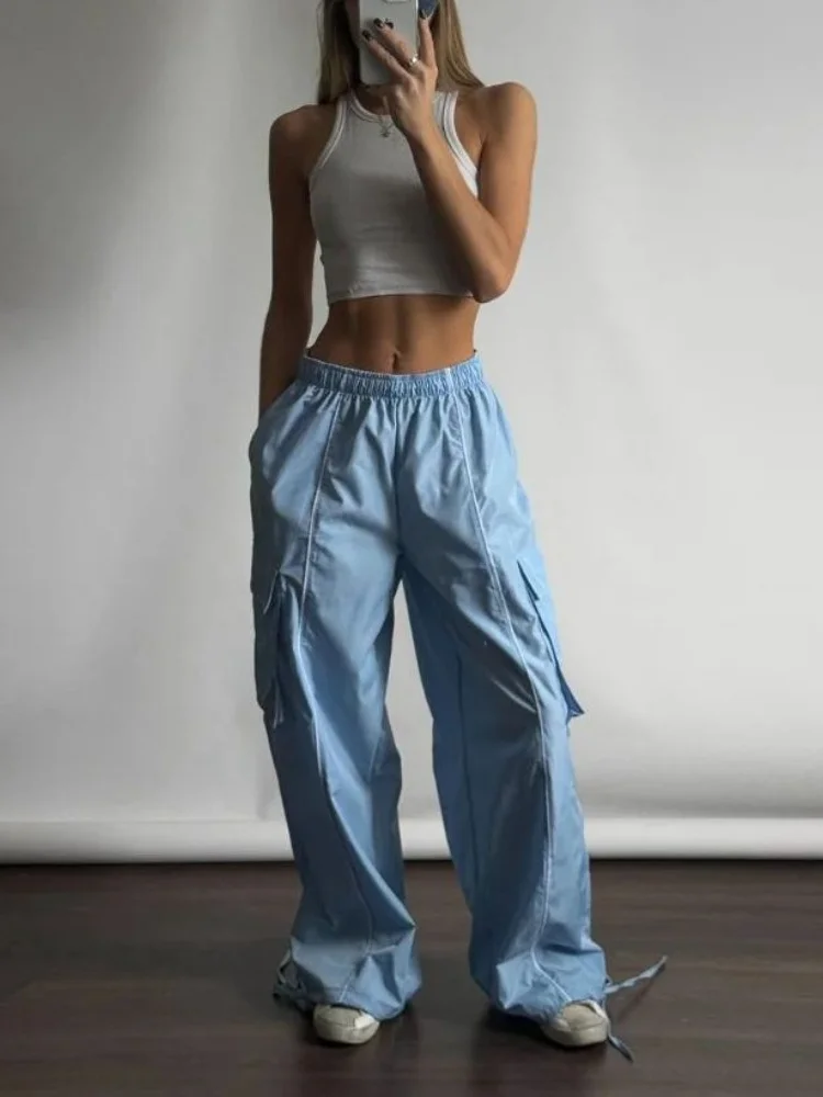 Deeptonw Y2k Aesthetic Streetwear Cargo Pants Women American Retro Harajuku Casual Solid Baggy Trousers Oversized Sweatpants