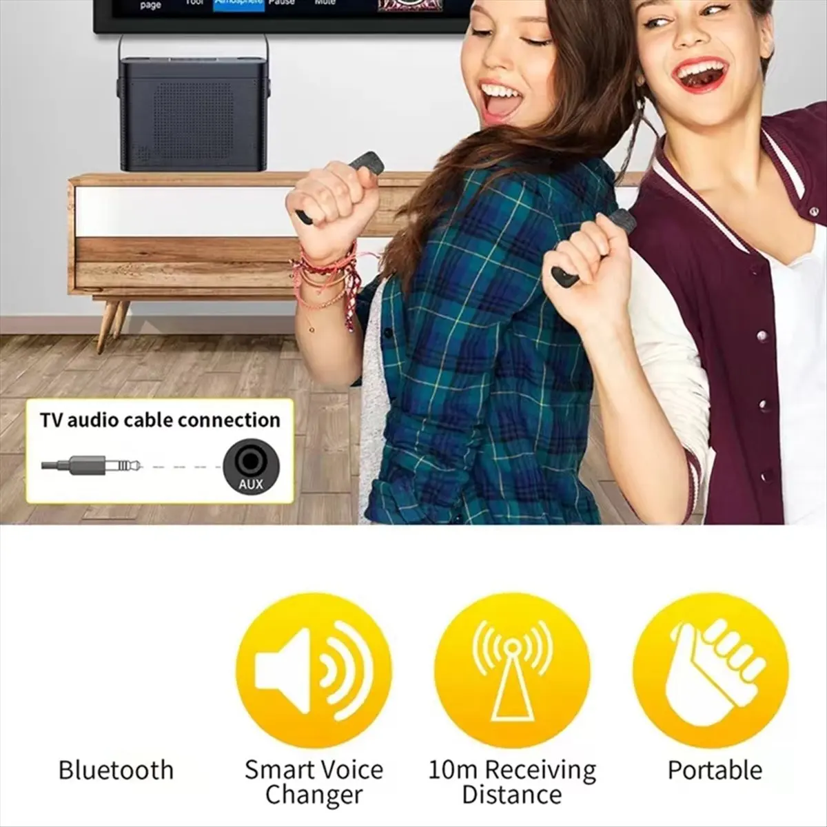 

Top Powerful Wireless Portable Dual Mics Bluetooth Speaker Hifi Stereo Family Party Karaoke Subwoofer with Cellphone Holder