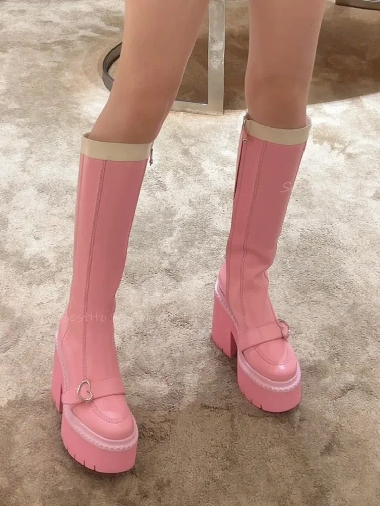 Sweet Girl Pink Platform Knee High Boots Block High Heels Round Toe Mixed Color Side Zip Punk Cool Girl Belt Decor Long Booties