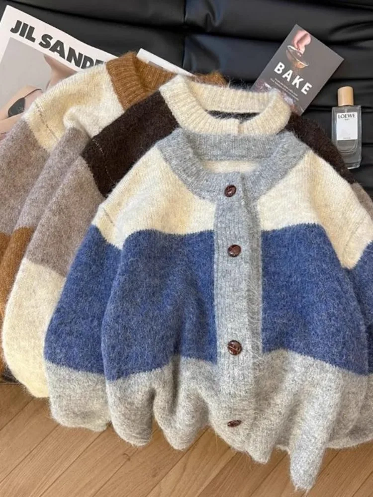 

Корейский полосатый вязаный свитер, пальто, осень-зима, новый ретро-ленивый дизайн, Sense Match, все однотонные длинные свечи, круглые Ne