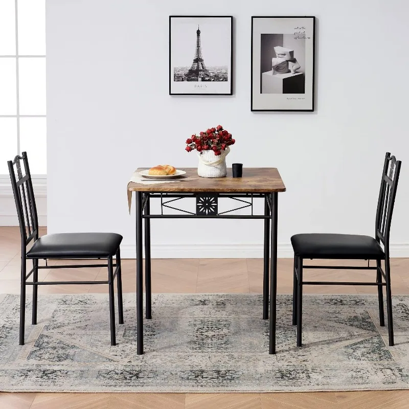 

3-Piece Kitchen Dining Room Table Set for Small Spaces, PU Padded Chairs, Retro Brown, 27.5"