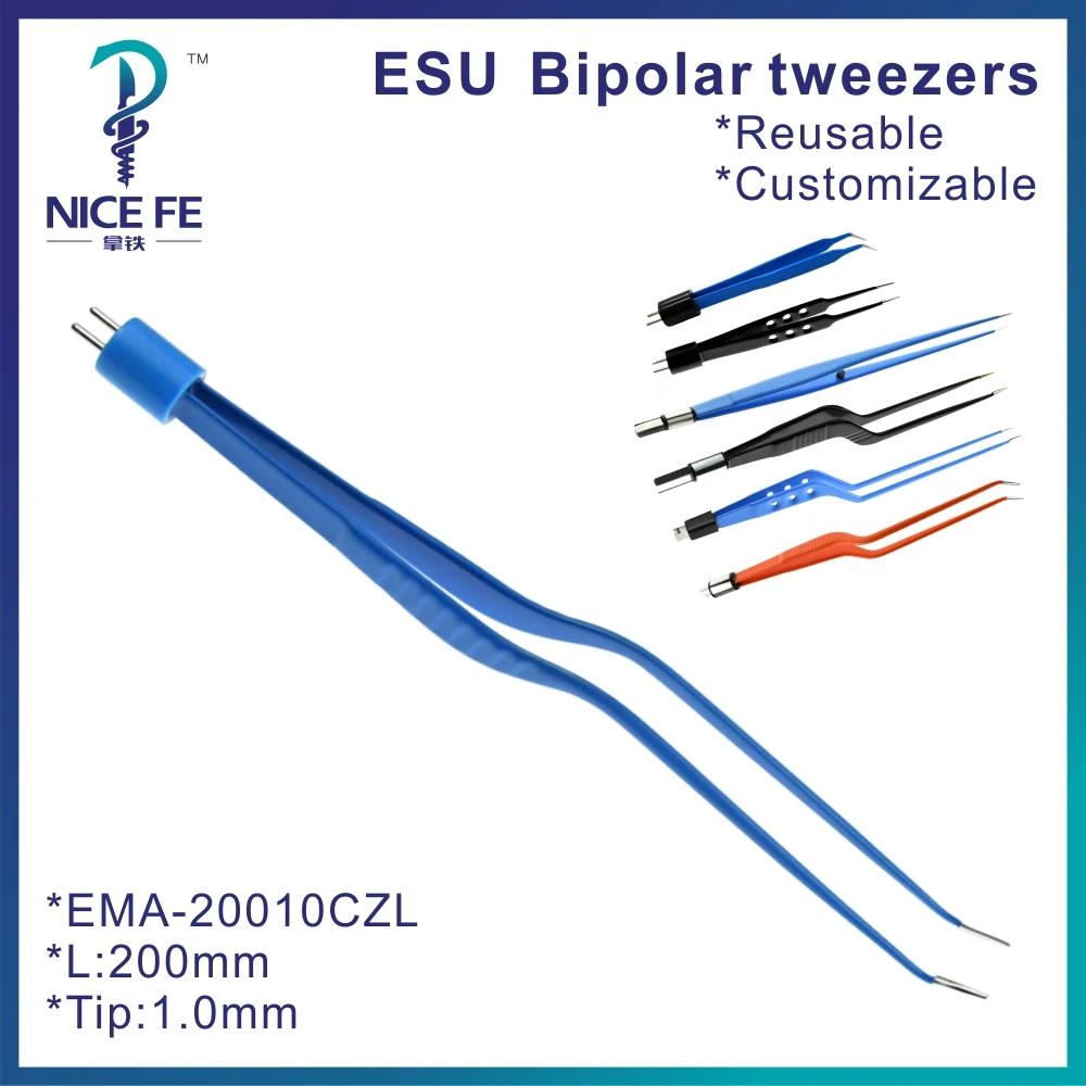 Reusable AHA Blue Bipolar Forceps Bipolar tweezers Curved for Electrosurgical unit，L:20cm ,tip 1mm