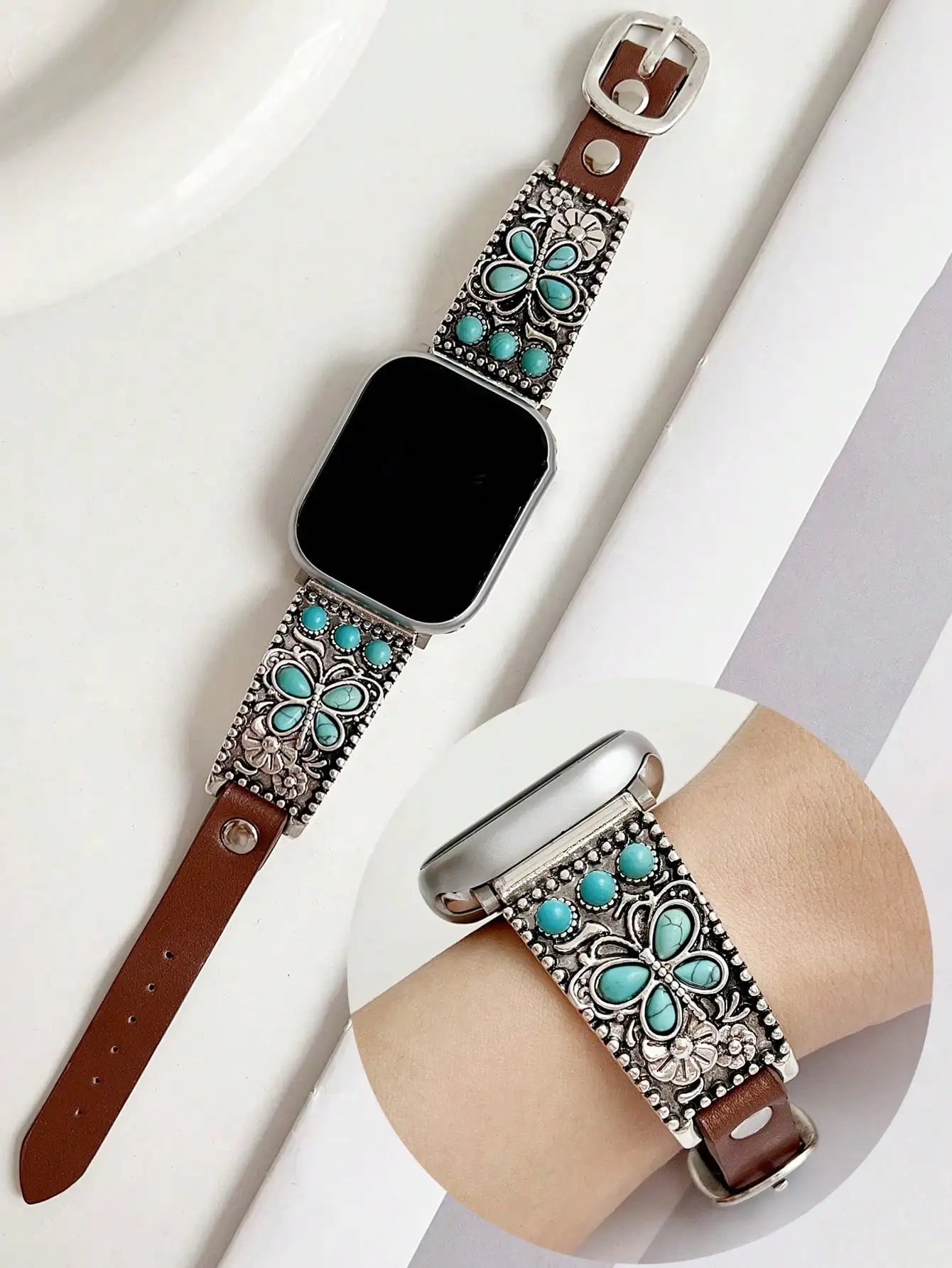 

Кожаный ремешок для Apple Watch 38-49 мм с металлической инкрустацией в стиле бохо и цветочным узором бирюзового цвета