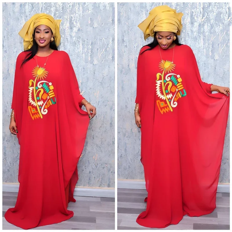 African Plus Size Dresses For Women Sexy African Dress Chiffon Embroidery Long Dress Without Scarf