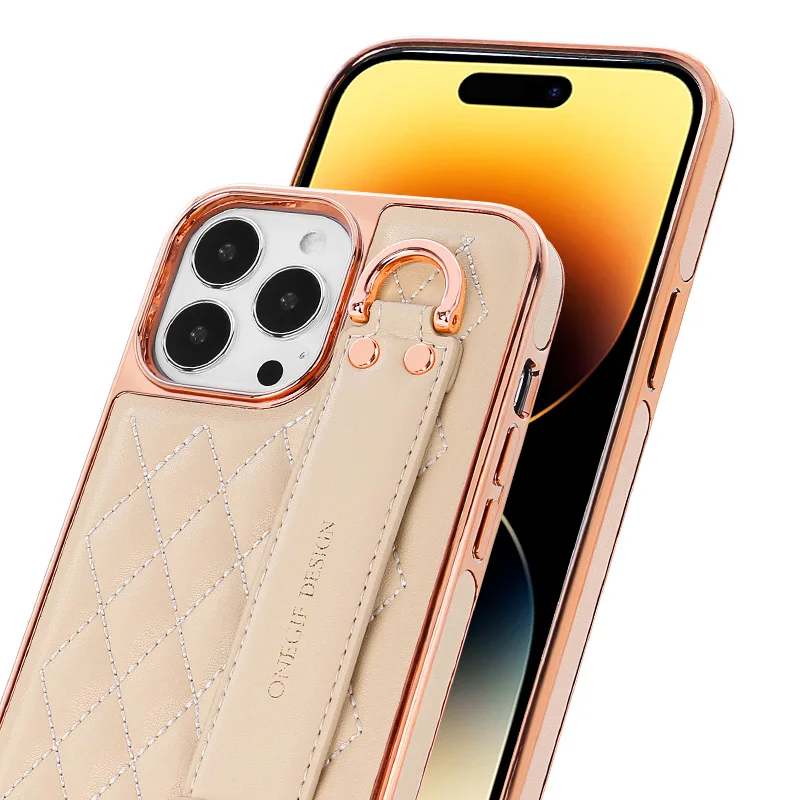 For iPhone 16 15 14 13 12 Pro Max Case Matte Embossed Grid Leather Hand Strap Belt Stand Leather Covered On The Edges Cover - Image 4