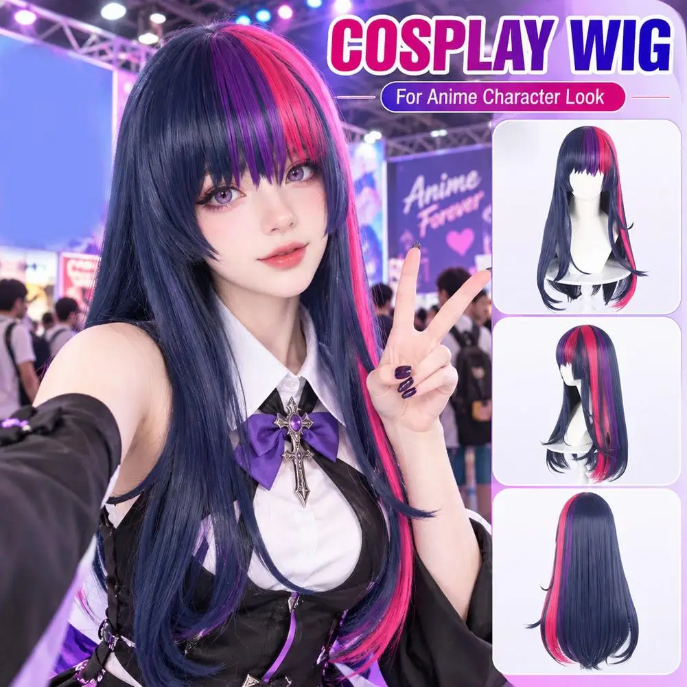 Pink Purple Neat Bangs Long Straight Hair Synthetic Wig Chemical Fiber Twilight Sparkle Role Playing Animated Pony Figure Use