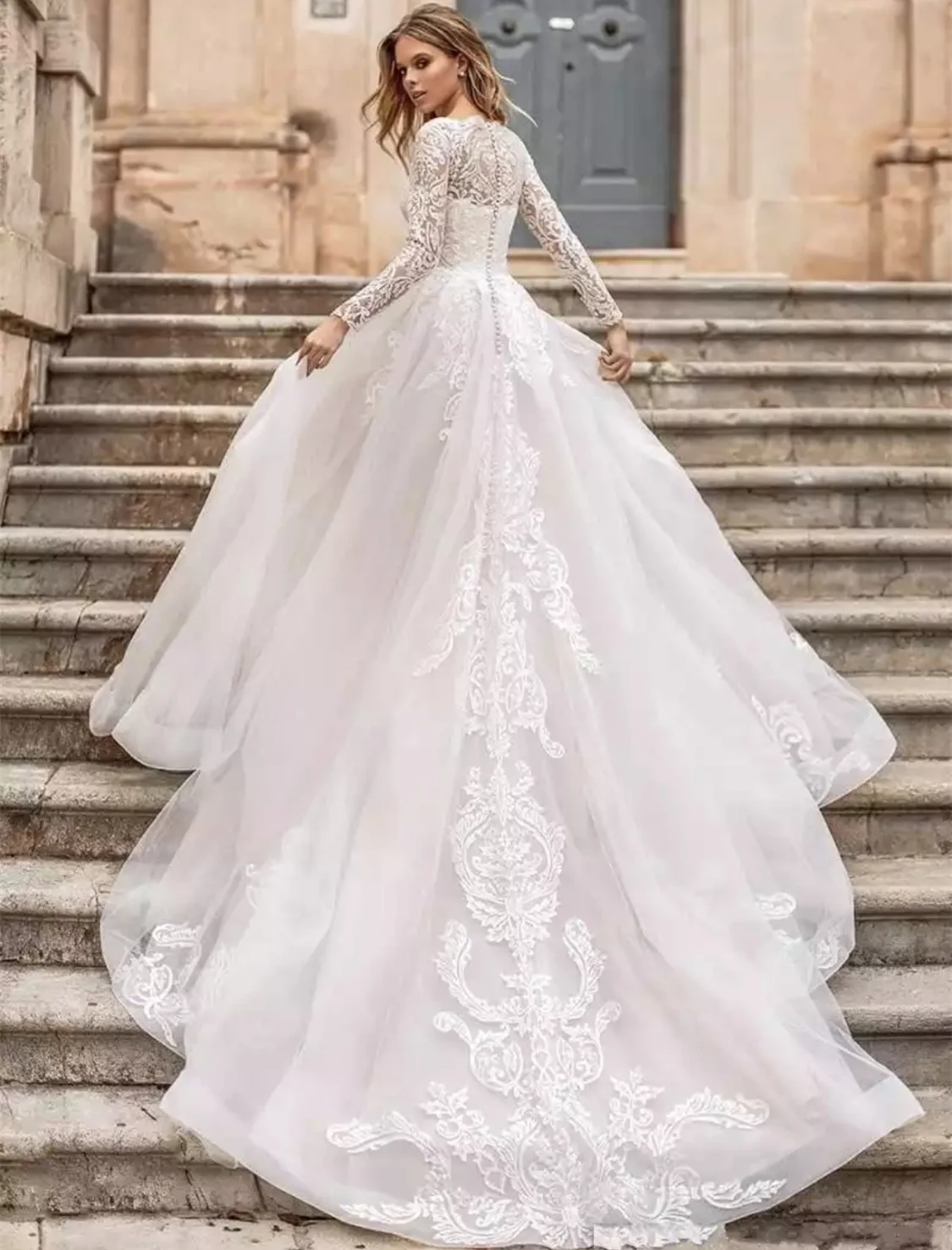 Luxury Princess Wedding Dress Customized Long Sleeve Modest Vestidos De Novia Appliques Vestido De Noiva Lace Robe De Mariée