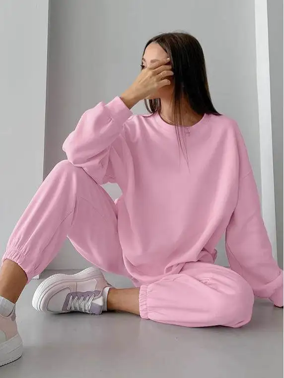 

Lazy Sle Sport Casual Pink round Ne Hoodie Women's Set Long Sve Long Pants Faionable Comfortable Ladies Outfit