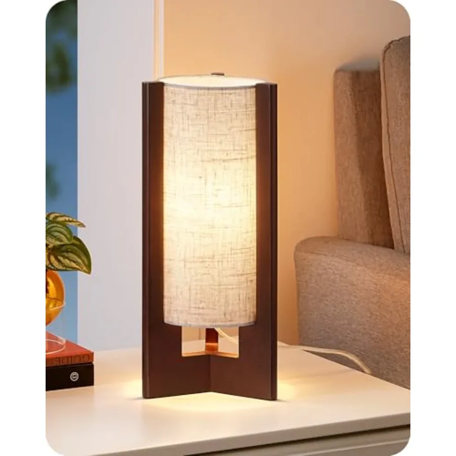 

Wood Table Lamp 13.5" Small Bedside Lamp Beige Linen Shade Rose Wood Cylinder Nightstand Lamp for Bedroom Living Room On-Off Li