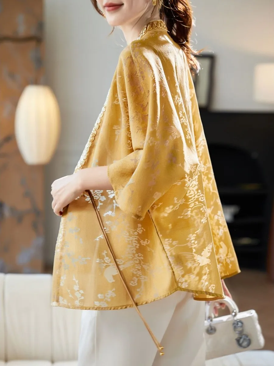 Nieuwe Chinese Sle Losse Batwing Sve hol Jaet Zware Borduren vrouwen Open Vest priem V-ne Mid-lengte Jas