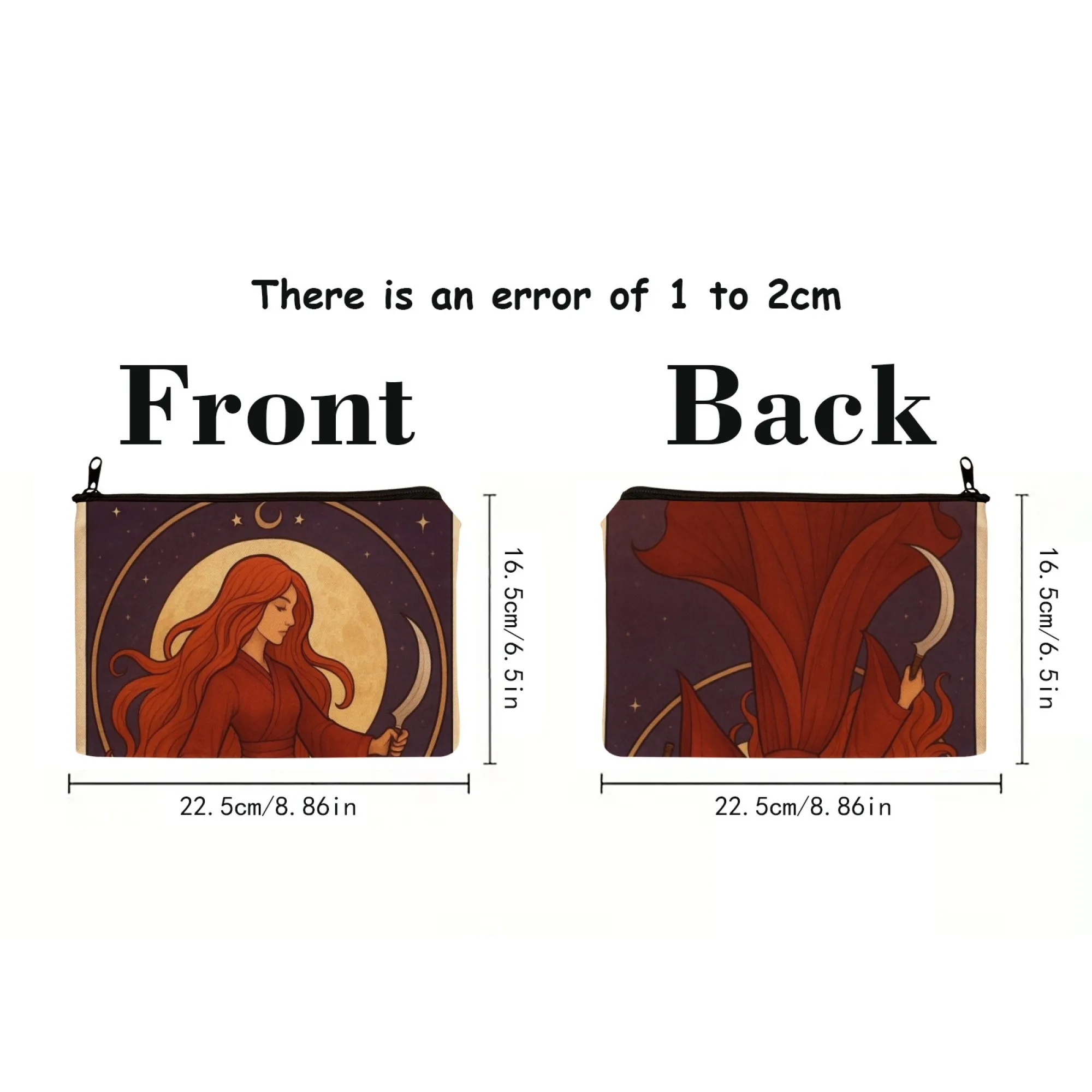 Custodia cosmetica per donna strega occulta Design mistico con lama a mezzaluna di capelli rossi Luna piena e stella perfetta per gli amanti del mito e della strega