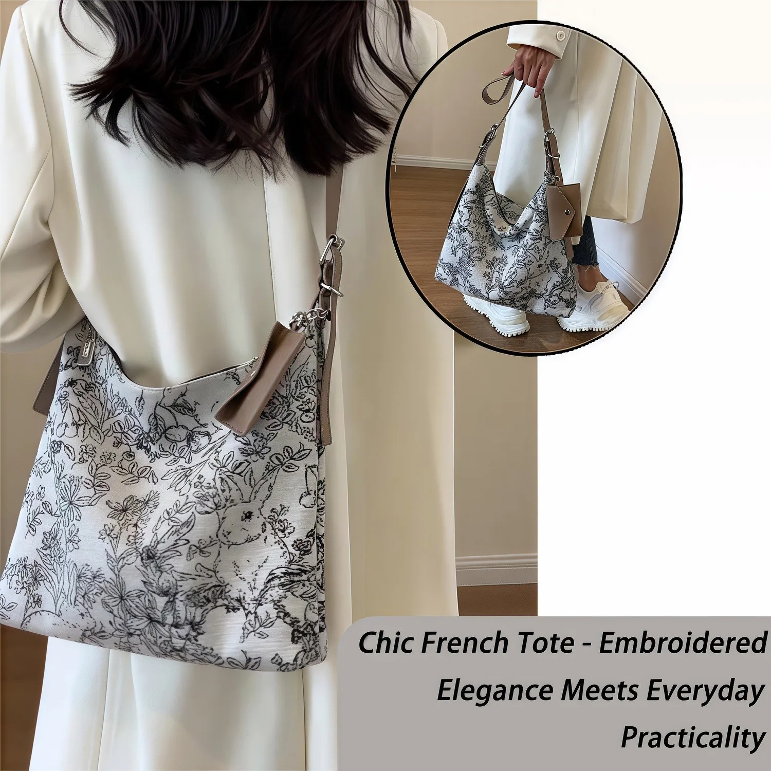 

French Tote Bag for Women Embroidered Shoulder Purse Large Capacity Canvas Handbag Floral Crossbody Bag FU