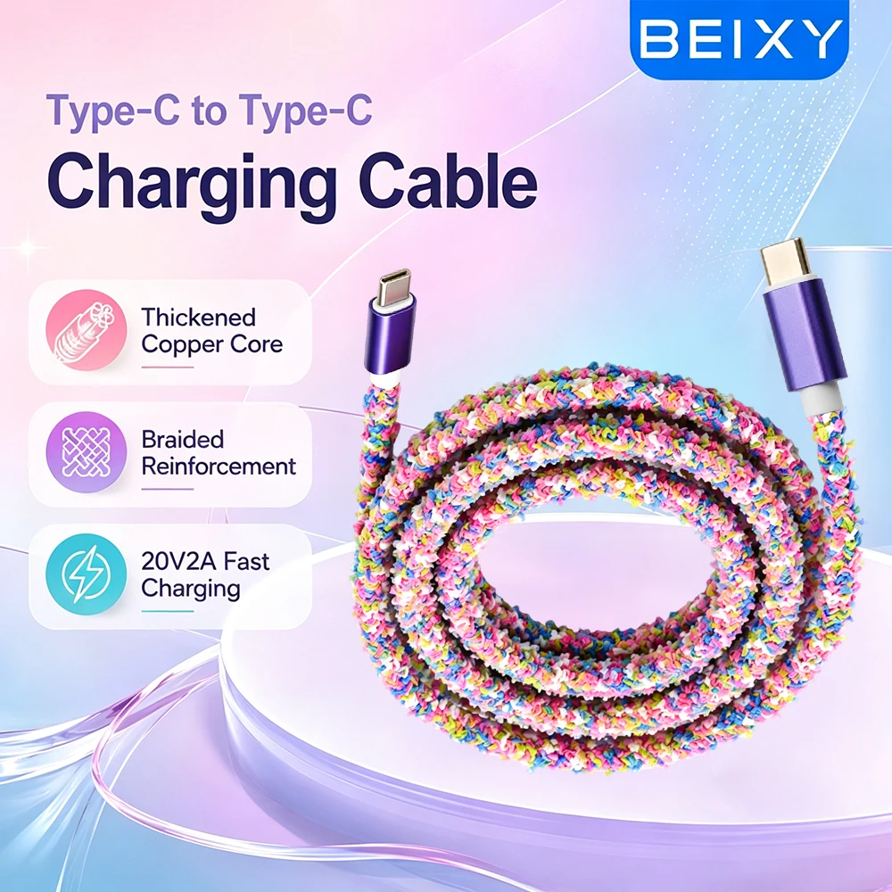 Beixy USB C to Type C 3m Fast Charging Cable for Samsung Xiaomi Laptop Girl Colorful Weaving USB C Phone Data Charging Cable
