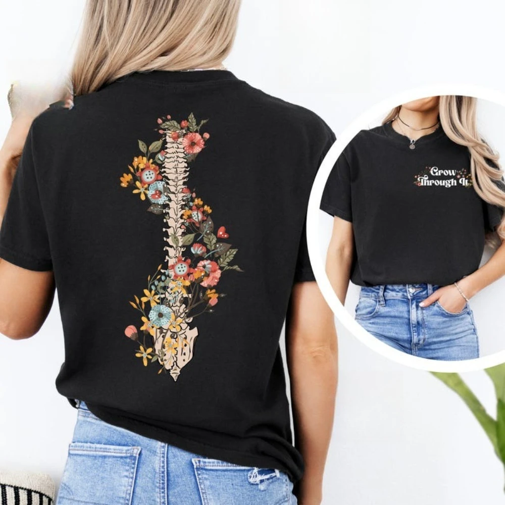 

Unique Fashion Novelty Floral Spine Shirt Grow Through It Mental Health Tee Motivational Clothing Women Daily Life Cotton Tops