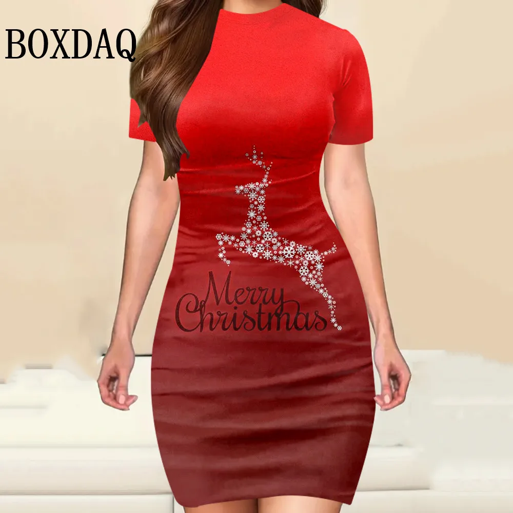 Rote Weihnachtsmann-Kleider für Frauen, 2025, Weihnachts-Elch-Druck, Partykleid, Sommer, lässiger Trend, kurze Ärmel, schlankes, figurbetontes Minikleid