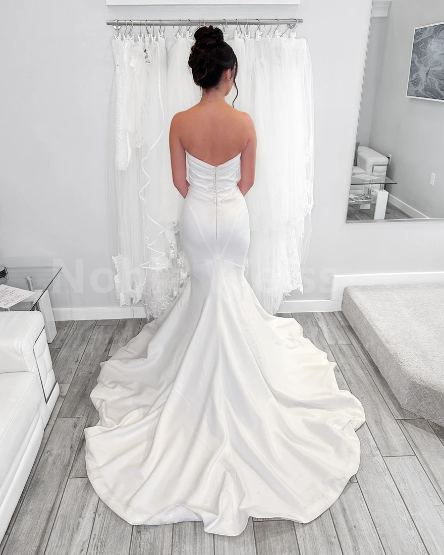 Elegant Satin Sweep Train Beading Wedding Dresses Custom Made Bridal Gown