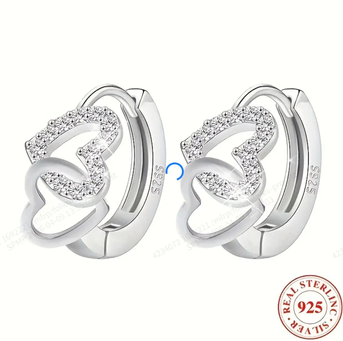 Exquisite 925 Sterling Silver Double Ring Heart-Shaped Zirconia Earrings - Fashionable Jewelry for Women's Weddings and Parties