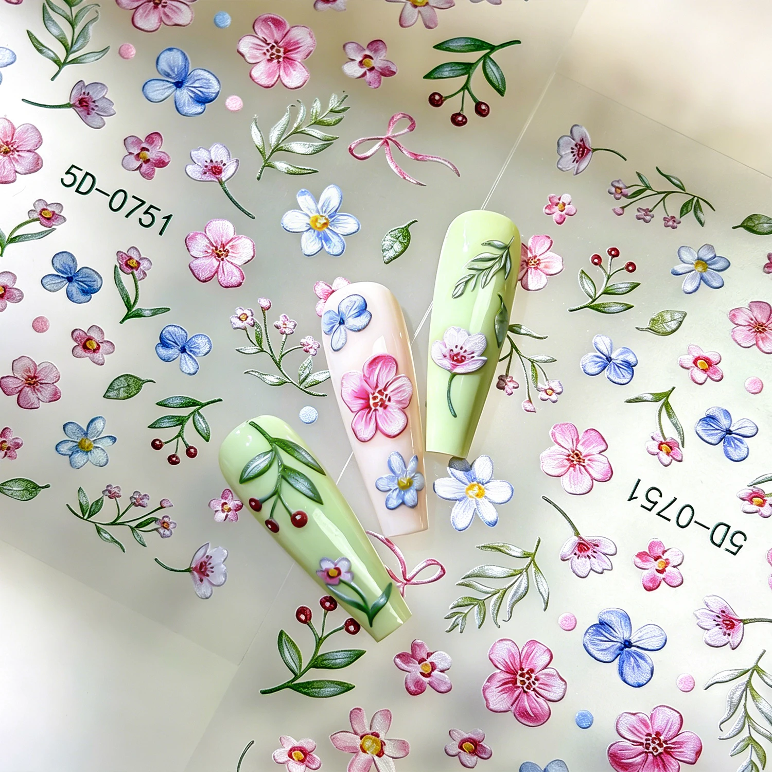 1pc Pink Blue Cherry Blossom &  Leaf Nail Sticker 5D Relief Floral Nail Art Decors Fresh Spring & Garden Style Manicure Decals 8