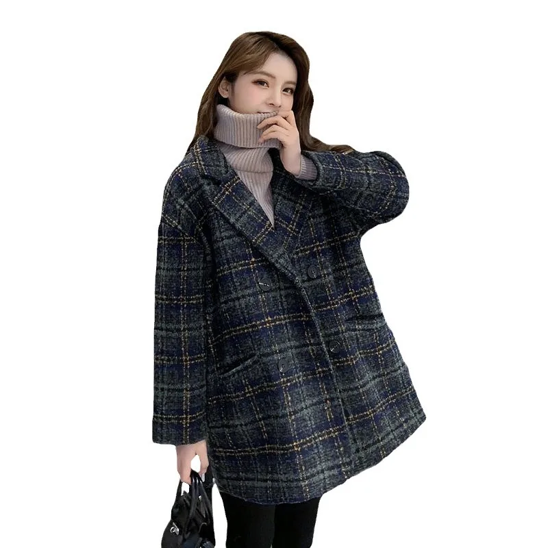 Tweed Coat Women, Plaid Jacket, Mid Long, Loose, High Quality, Luxury Women Clothing, Double Breasted, A-LINE Coats, Autumn, New