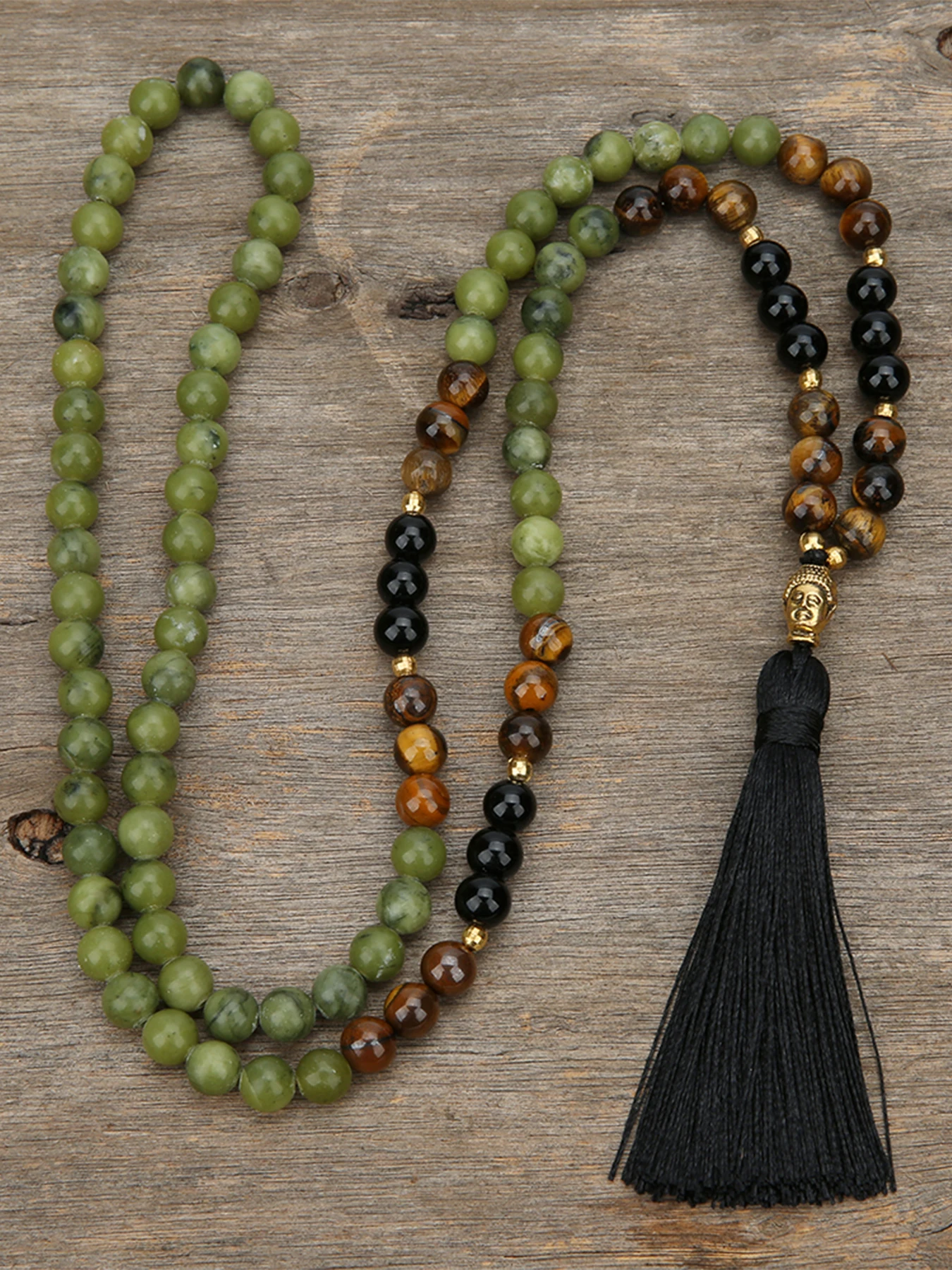 8mm Südlicher Stein Tigerauge Schwarzer Onyx Perlen 108 Mala Halskette Meditations-Gebetskette Schmuck – Detail 4