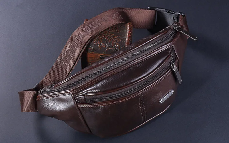 Riñonera de cuero genuino para hombre, bolso de viaje para teléfono móvil, a la moda