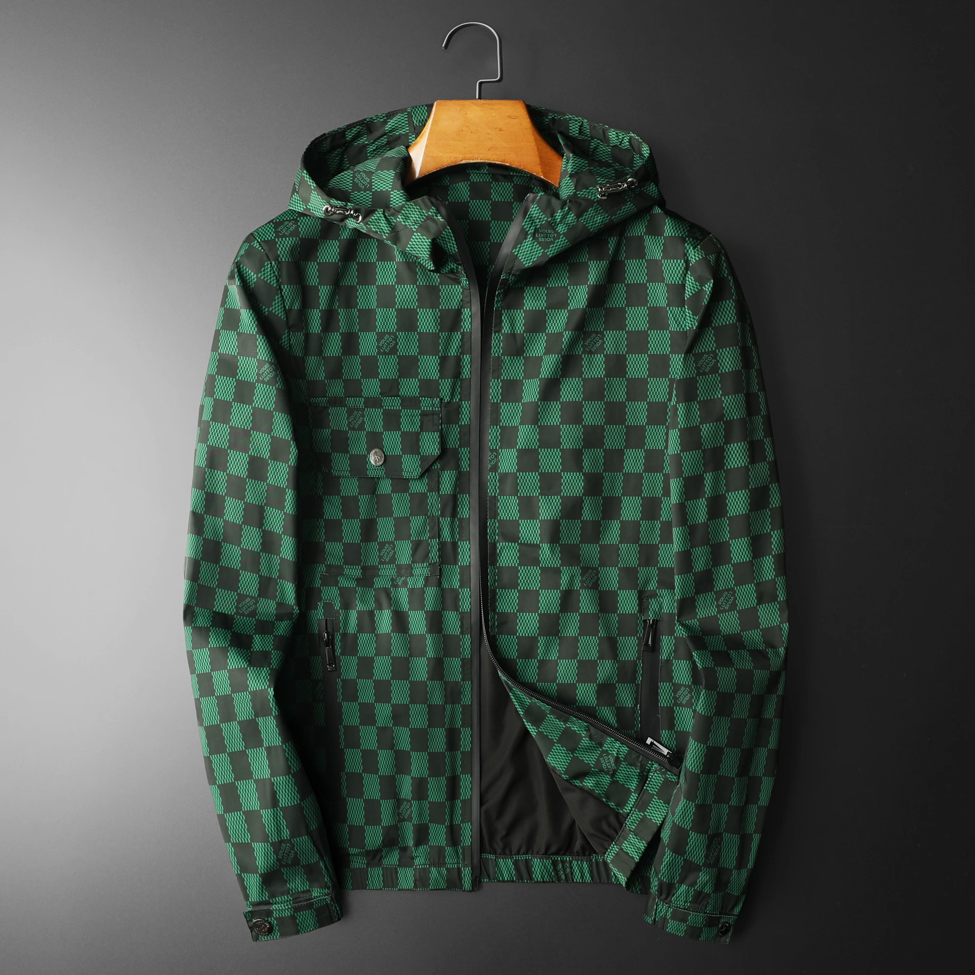 Korean style slim fit hooded jacket, high-quality fashionable checkered printed jacket, men's slim fit jacket