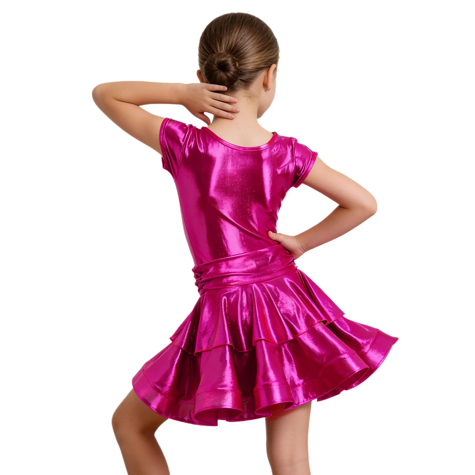Kids Girls Latin Rumba Dance Performance Costume Metallic Disco Dancewear Sleeveless Tiered Ruffled Dress with Built-in Briefs