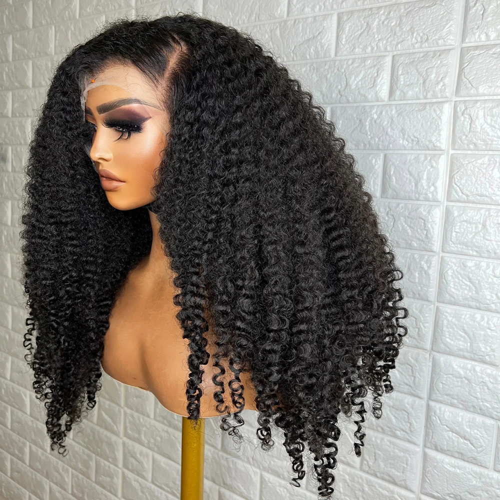 Soft Long 26inch Natural Black Glueless 180Density Kinky Curly Deep Lace Front Wig For Women With Baby Hair Preplucked Daily