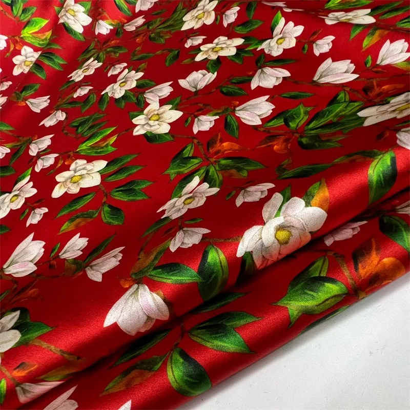 

Red Green flower 19momme elastic silk fabric Silksilk satin Smooth summer skirt cheongsam clothing