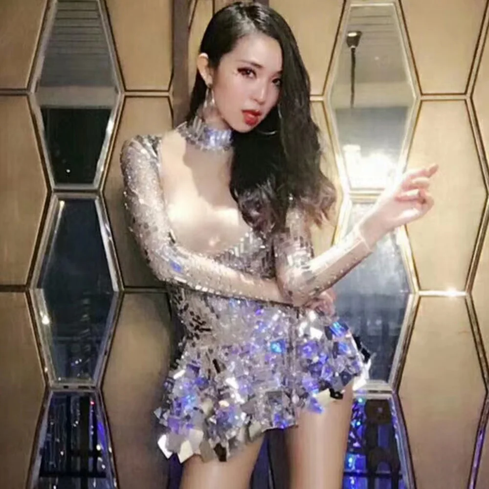 

Women Shining Mirror Glitter Sequined High Neck Sexy Bodysuits Dress