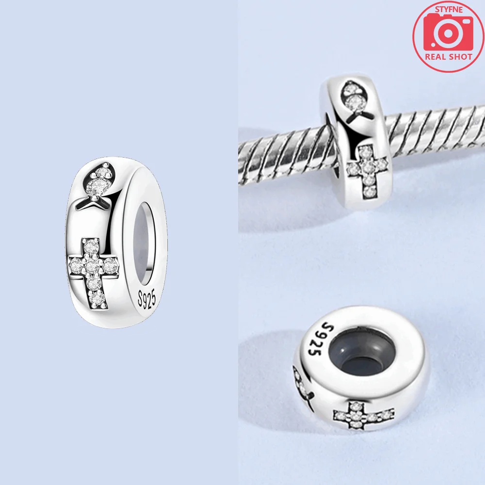 Religious Charms 925 Silver Jesus Fish Cross Beads Shiny Zircon Isolated Beads for Women Original Bracelet Jewelry Gifts DIY view 3