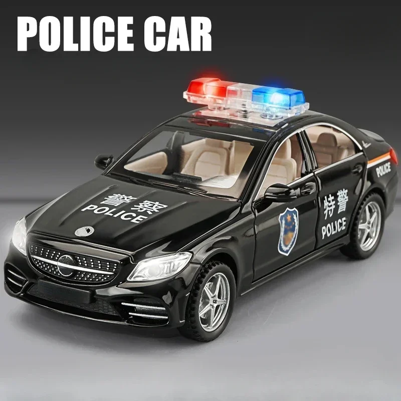 Modèle de voiture de police en métal moulé sous pression pour enfants, jouet de simulation, alliage, son et lumière, nervure arrière, véhicule pour enfants, décoration de modèles de voitures, C260, 1/32