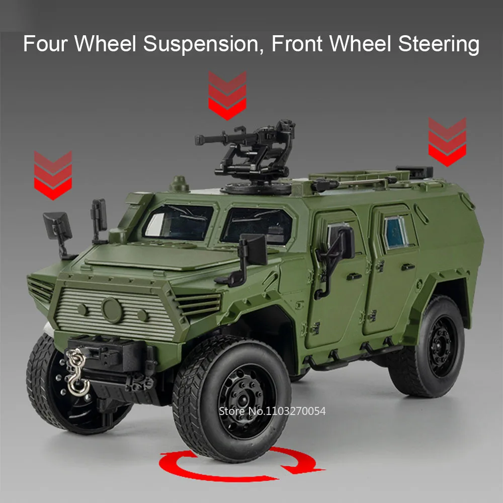Coche blindado Dongfeng Mengshi 1:20, modelo fundido a presión de aleación, juguete con sonido, luz, puerta trasera abierta, vehículo todoterreno militar, regalo para niños