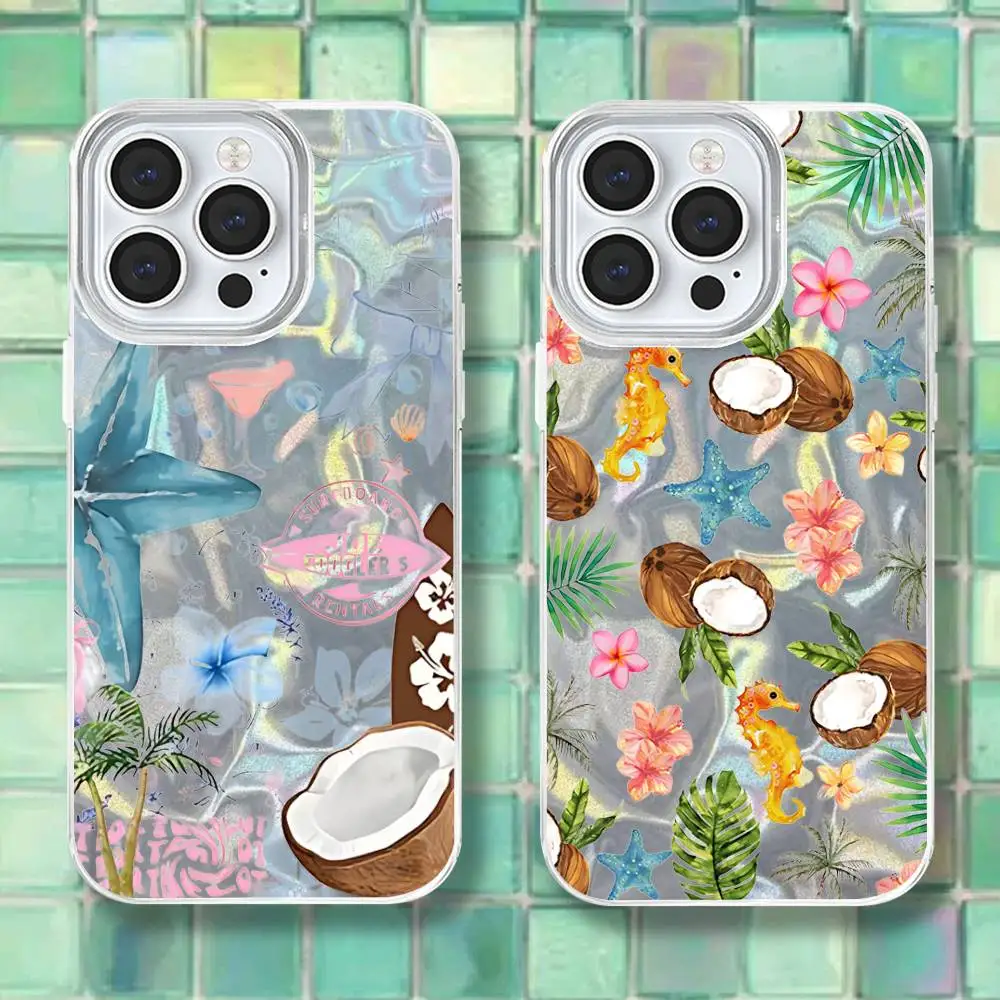 

Coconut Tree Leaves Collage Phone Case For iphone 16 15 14 13 12 11 Pro Max E Plus Silver Laser Satin Aurora Gradient