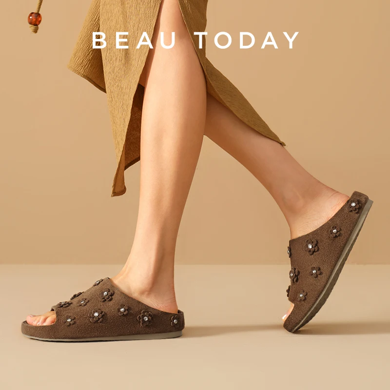 BEAUTODAY Luxury Slippers Women Cow Suede Leather Peep Toe Rivet Floral Solid Designer Flats Autume Ladies Shoes Handmade 34151