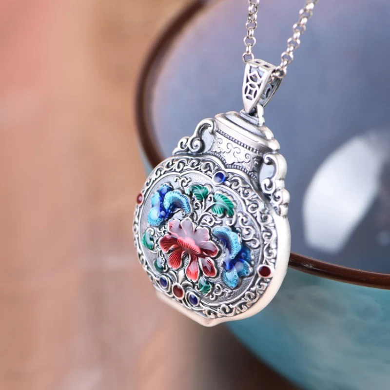 Silver 925 Enamel Colored Cloisonn Craftsm Chinese Style Peony Flower Necklaces Double sided Embossed Vase Pendant Charm Jewelry