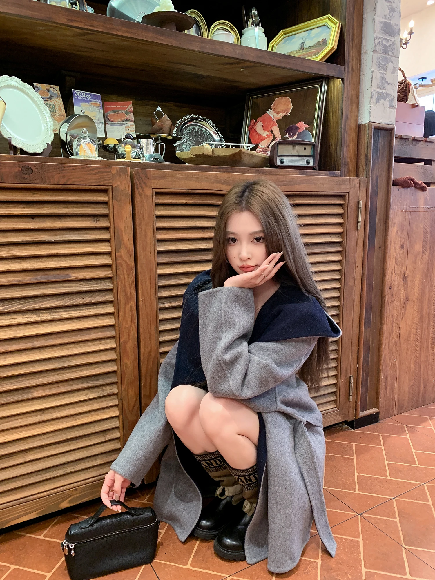 

Winter ey ort Woolen Coat Women's Double-sided Camere Knitwear Faionable Korean Sle Long Sve Hooded Jaet