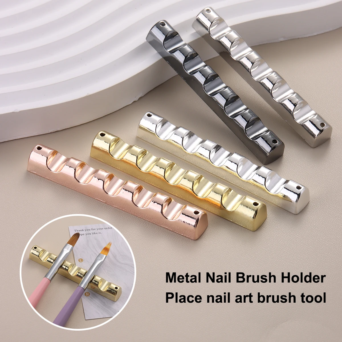 Metal Nail Art Brush Holder, Gold and Silver 5-Slot Nail Art Brush Holder Display Rack, a Tool for Storing Nail Brushes and Pens