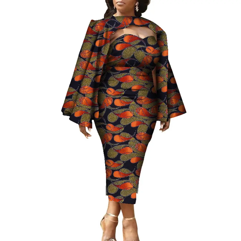 2 Pcs Set Women African Dresses with Shawl Cloak Fashion Africa Print Clothing for Party Wedding Bazin Riche Plus Size WY8639