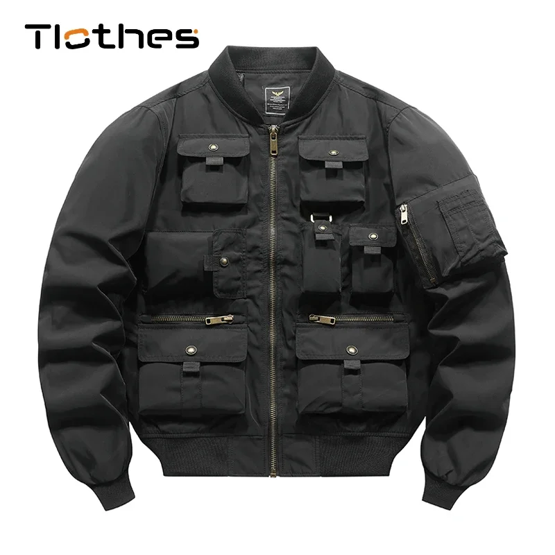 

Vintage Black Bomber Jackets Men Fall Technical Fashion Pilot Jacket Multi Pockets Baseball Jacket Military Windbreaker Mens