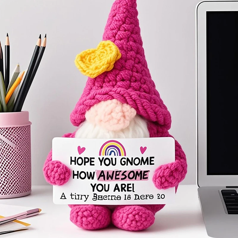 Positive Energy Crochet Gnome Dolls with Card Emotional Support Funny Handmade Knitted Ornaments Home Decor Birthday Xmas Gifts