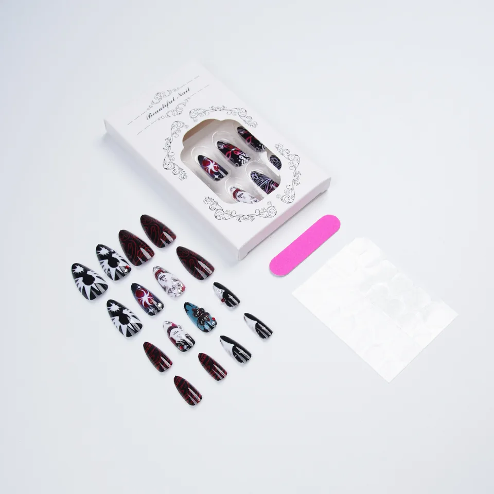 24 piezas de uñas postizas estilo anime manga, negras y rojas góticas, forma ovalada, con cristales 3D, araña y flor, estilo y2k, almendra, para mujeres 5