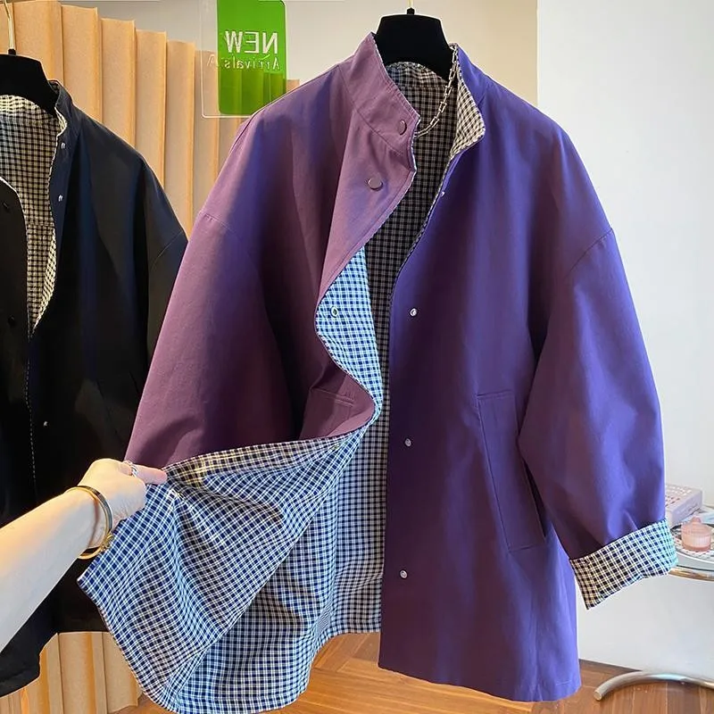 

plus Size 300 Pounds Men's Double-Sided Wear Plaid Stand Collar Mid-Length Coat Autumn Winter Seasonal Fashion Outerwear Jacket