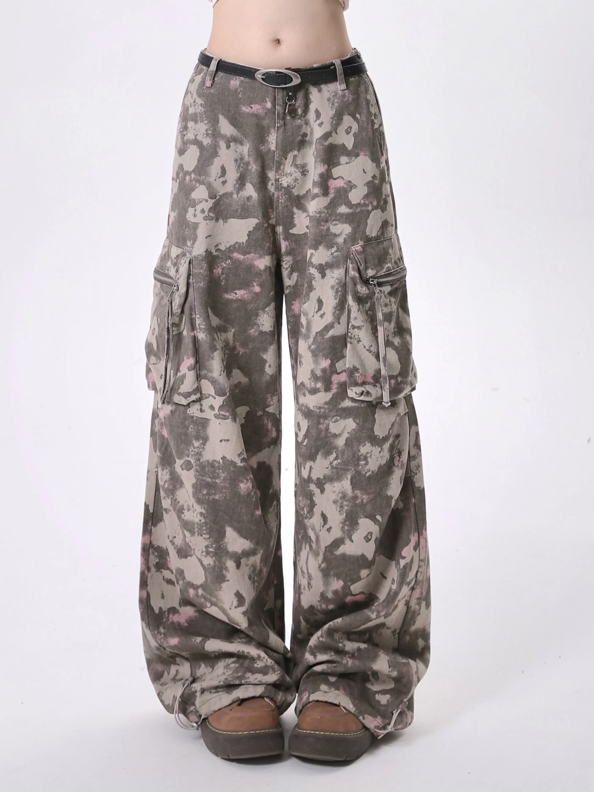 

Camouflage Cargo Pants Women's Autumn American Retro Three-Dimensional Pocket Design Casual Wide-Leg Pants